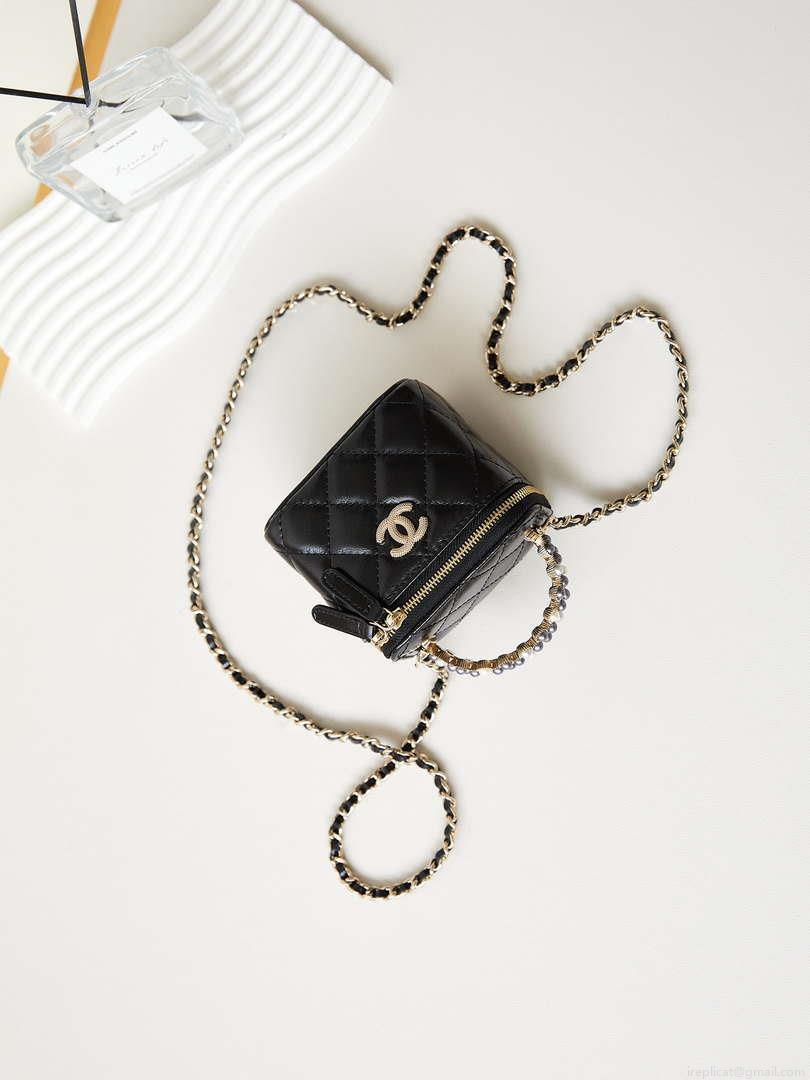 Chanel AP3805 Mini Clutch Lambskin Vanity Box bag With Pearl handle Black