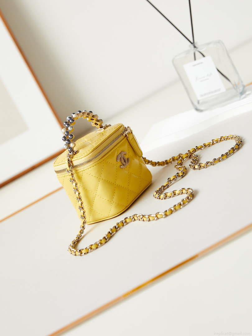Chanel AP3805 Mini Clutch Lambskin Vanity Box bag With Pearl handle Yellow