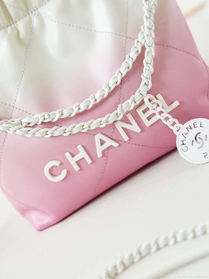Chanel 22 Mini Handbag Patent Gradient Calfskin Lacquered Metal AS3980 White & Light Pink