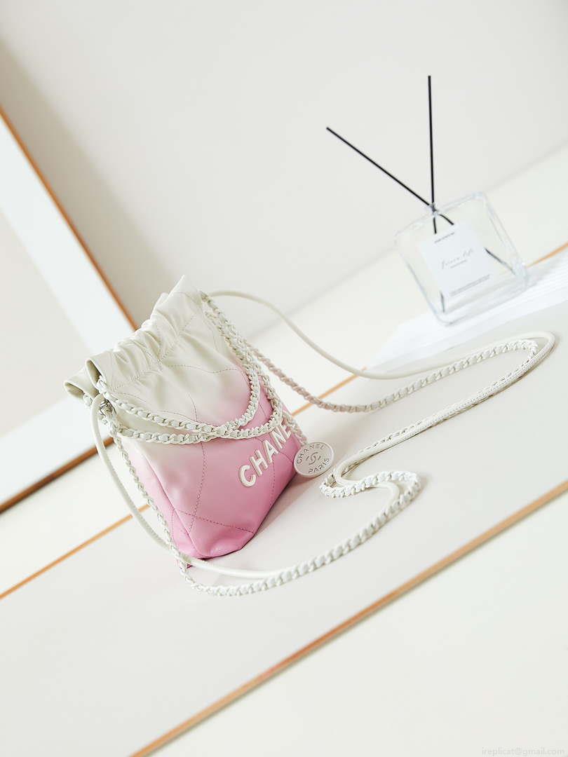 Chanel 22 Mini Handbag Patent Gradient Calfskin Lacquered Metal AS3980 White & Light Pink