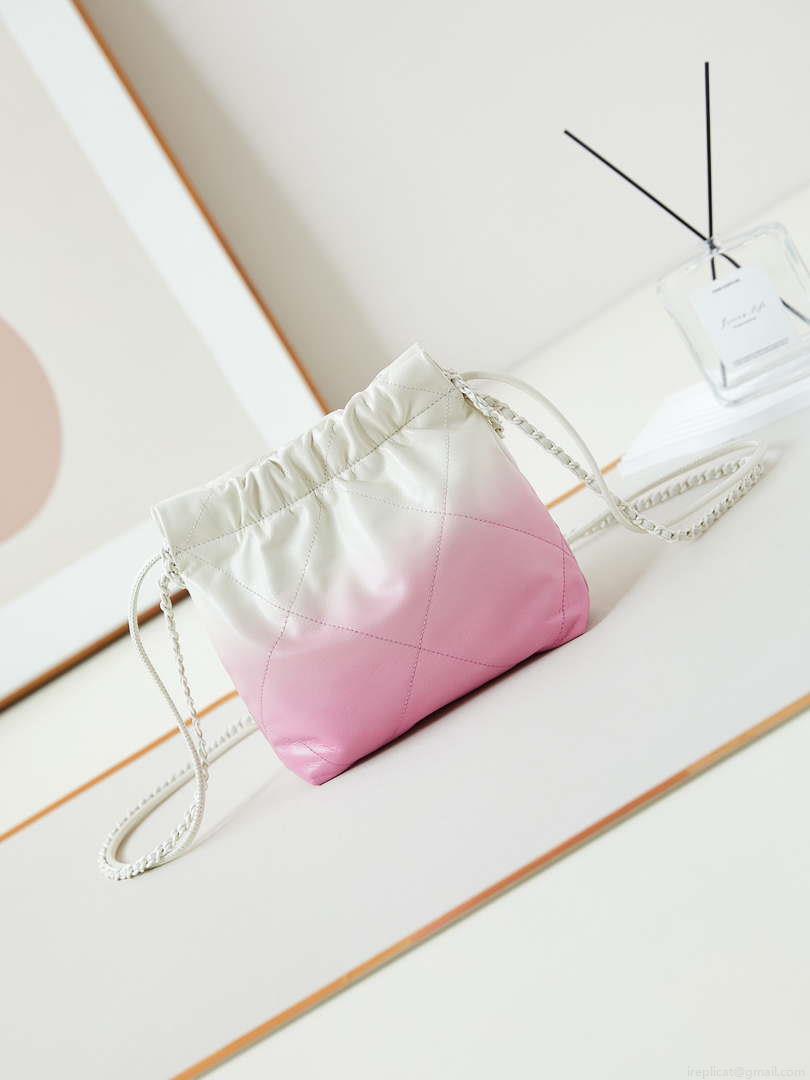 Chanel 22 Mini Handbag Patent Gradient Calfskin Lacquered Metal AS3980 White & Light Pink