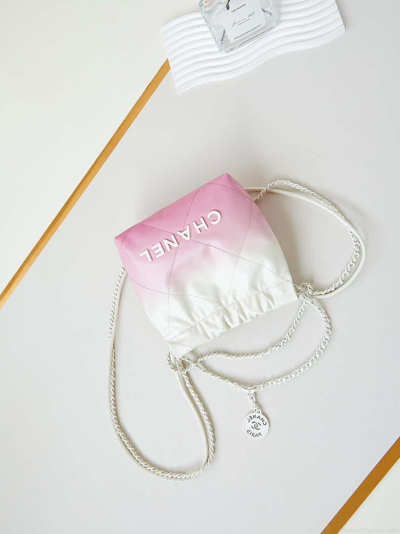 Chanel 22 Mini Handbag Patent Gradient Calfskin Lacquered Metal AS3980 White & Light Pink
