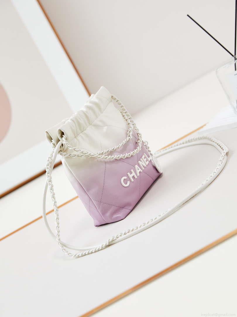 Chanel 22 Mini Handbag Patent Gradient Calfskin Lacquered Metal AS3980 White & Light Purple