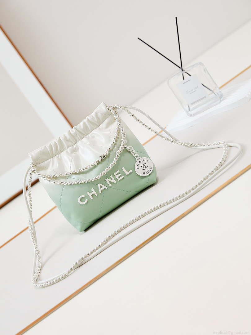Chanel 22 Mini Handbag Patent Gradient Calfskin Lacquered Metal AS3980 White & Light Green