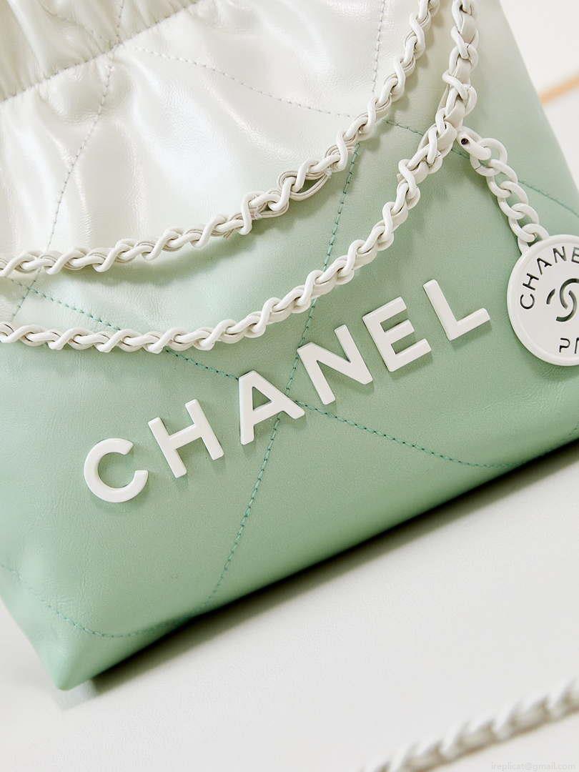 Chanel 22 Mini Handbag Patent Gradient Calfskin Lacquered Metal AS3980 White & Light Green