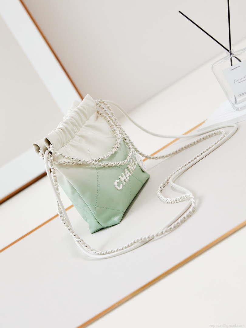 Chanel 22 Mini Handbag Patent Gradient Calfskin Lacquered Metal AS3980 White & Light Green