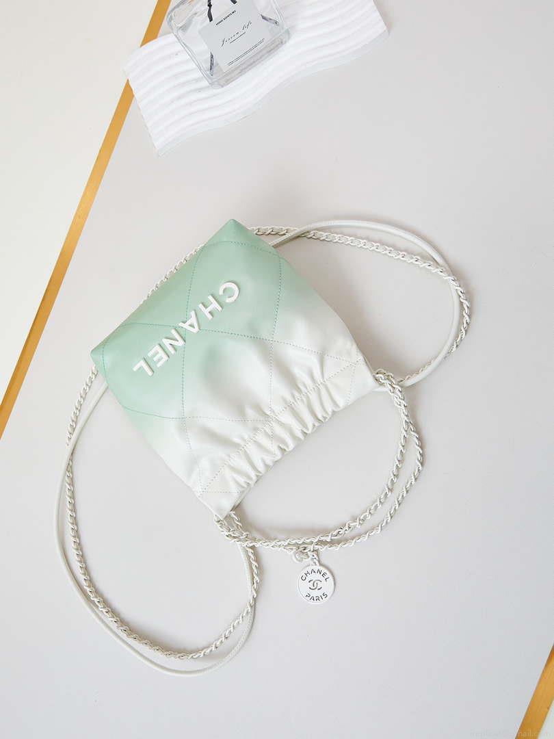 Chanel 22 Mini Handbag Patent Gradient Calfskin Lacquered Metal AS3980 White & Light Green