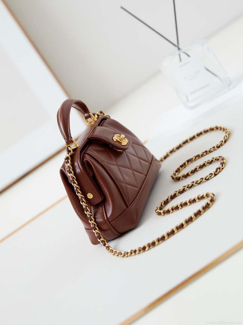 Chanel AS4958 Mini Flap bag With top handle Shiny Lambskin & Gold-Tone Metal Brown
