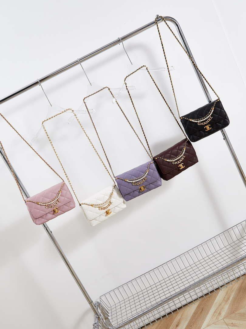 Chanel AS4986 Mini Flap bag Shiny Lambskin Imitation Pearls & Gold-Tone Metal Light Purple