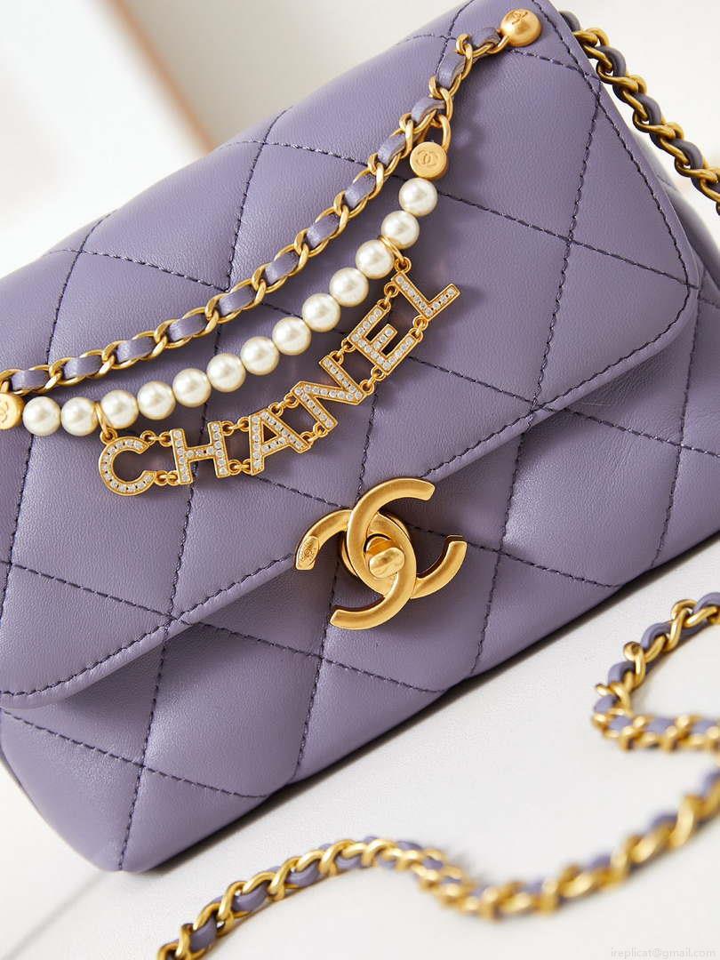 Chanel AS4986 Mini Flap bag Shiny Lambskin Imitation Pearls & Gold-Tone Metal Light Purple