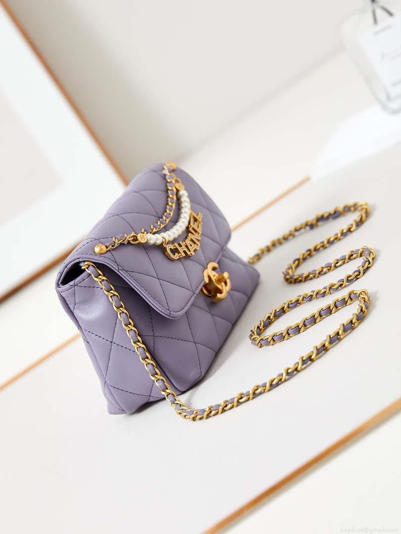 Chanel AS4986 Mini Flap bag Shiny Lambskin Imitation Pearls & Gold-Tone Metal Light Purple