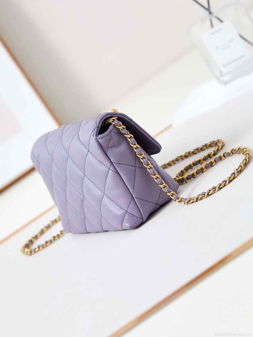 Chanel AS4986 Mini Flap bag Shiny Lambskin Imitation Pearls & Gold-Tone Metal Light Purple