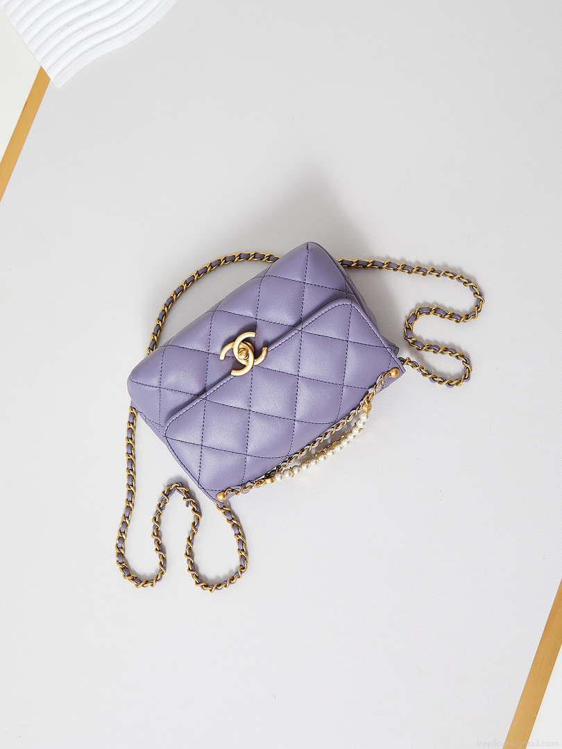 Chanel AS4986 Mini Flap bag Shiny Lambskin Imitation Pearls & Gold-Tone Metal Light Purple