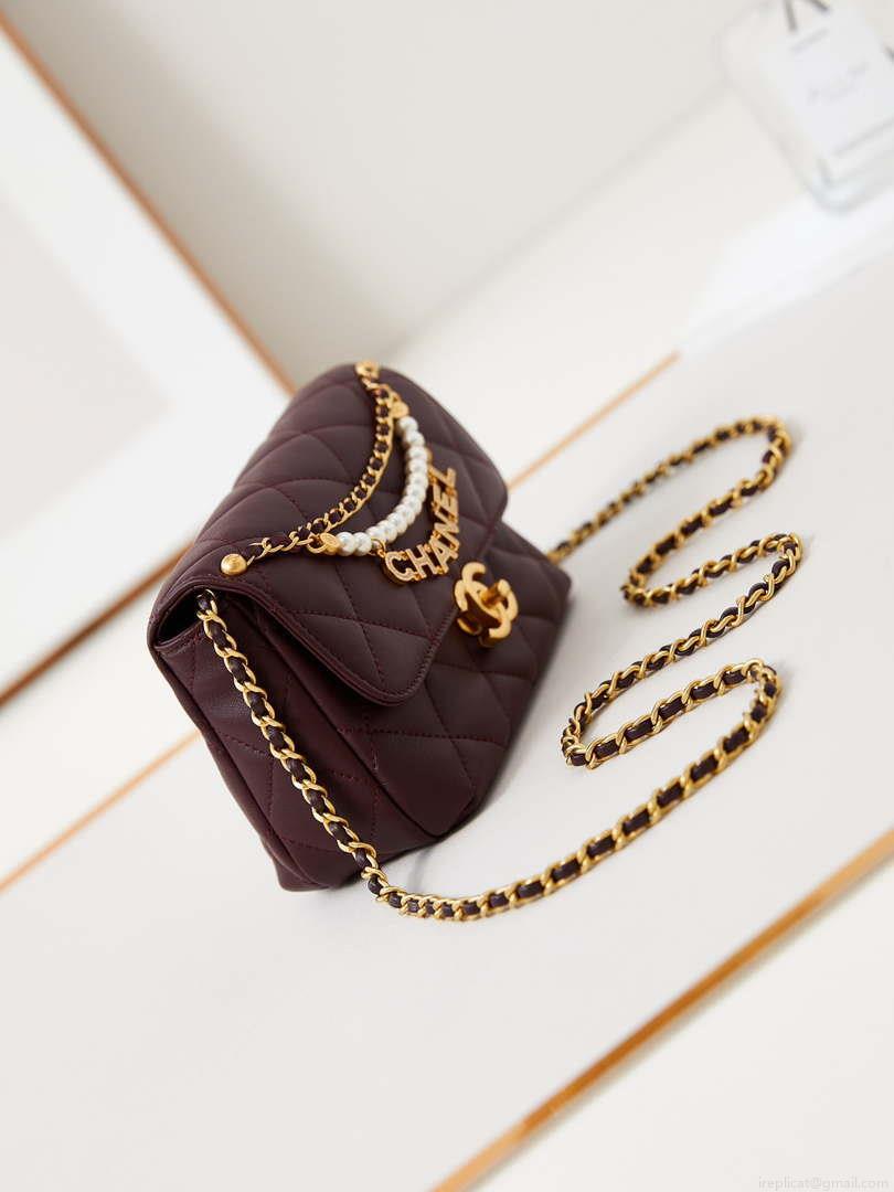 Chanel AS4986 Mini Flap bag Shiny Lambskin Imitation Pearls & Gold-Tone Metal Wine Red