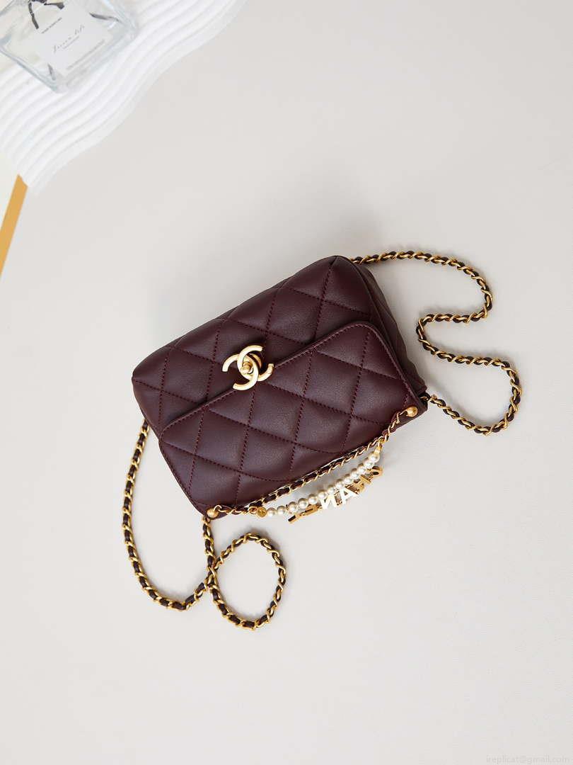 Chanel AS4986 Mini Flap bag Shiny Lambskin Imitation Pearls & Gold-Tone Metal Wine Red