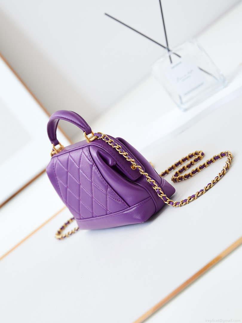 Chanel AS4958 Mini Flap bag With top handle Shiny Lambskin & Gold-Tone Metal Purple