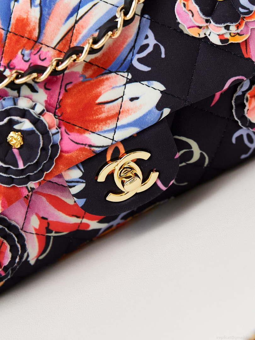 Chanel AS4842 Flap Printed Fabric & Gold Metal Black & Multicolour