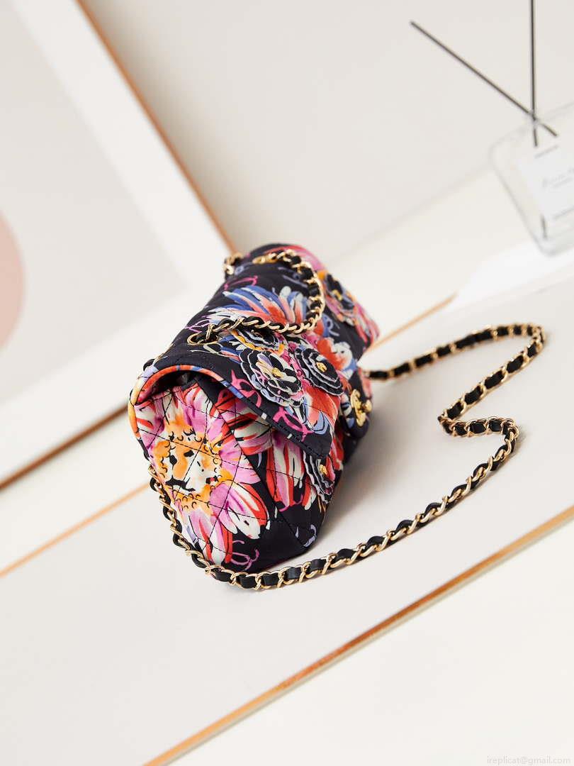 Chanel AS4842 Flap Printed Fabric & Gold Metal Black & Multicolour