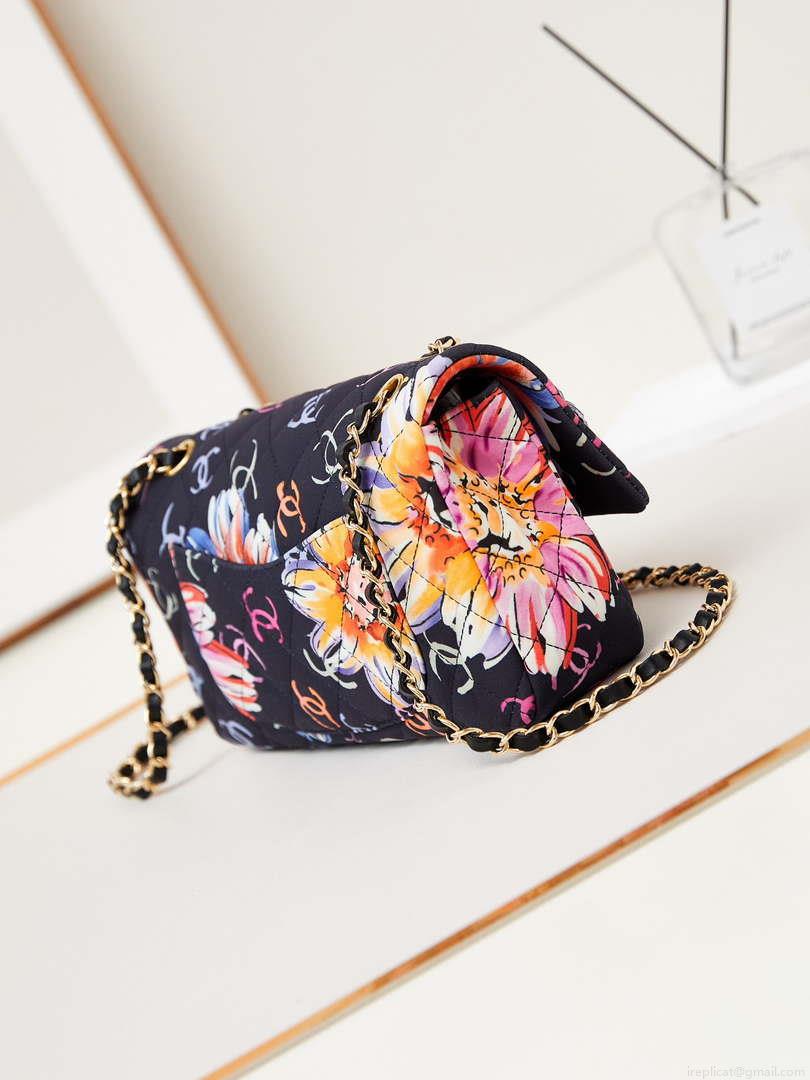 Chanel AS4842 Flap Printed Fabric & Gold Metal Black & Multicolour