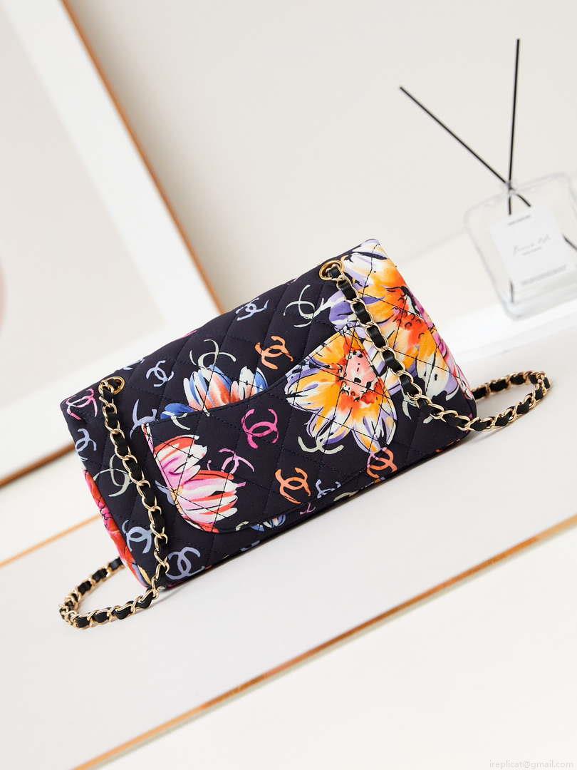 Chanel AS4842 Flap Printed Fabric & Gold Metal Black & Multicolour