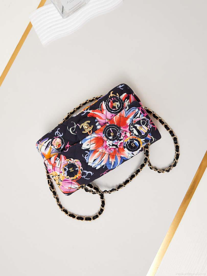 Chanel AS4842 Flap Printed Fabric & Gold Metal Black & Multicolour