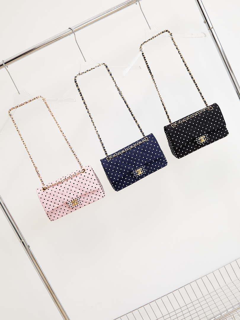 Chanel A01112 Flap Pink Fabric Printed with white raindrops