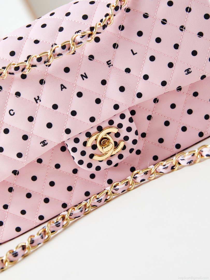 Chanel A01112 Flap Pink Fabric Printed with white raindrops