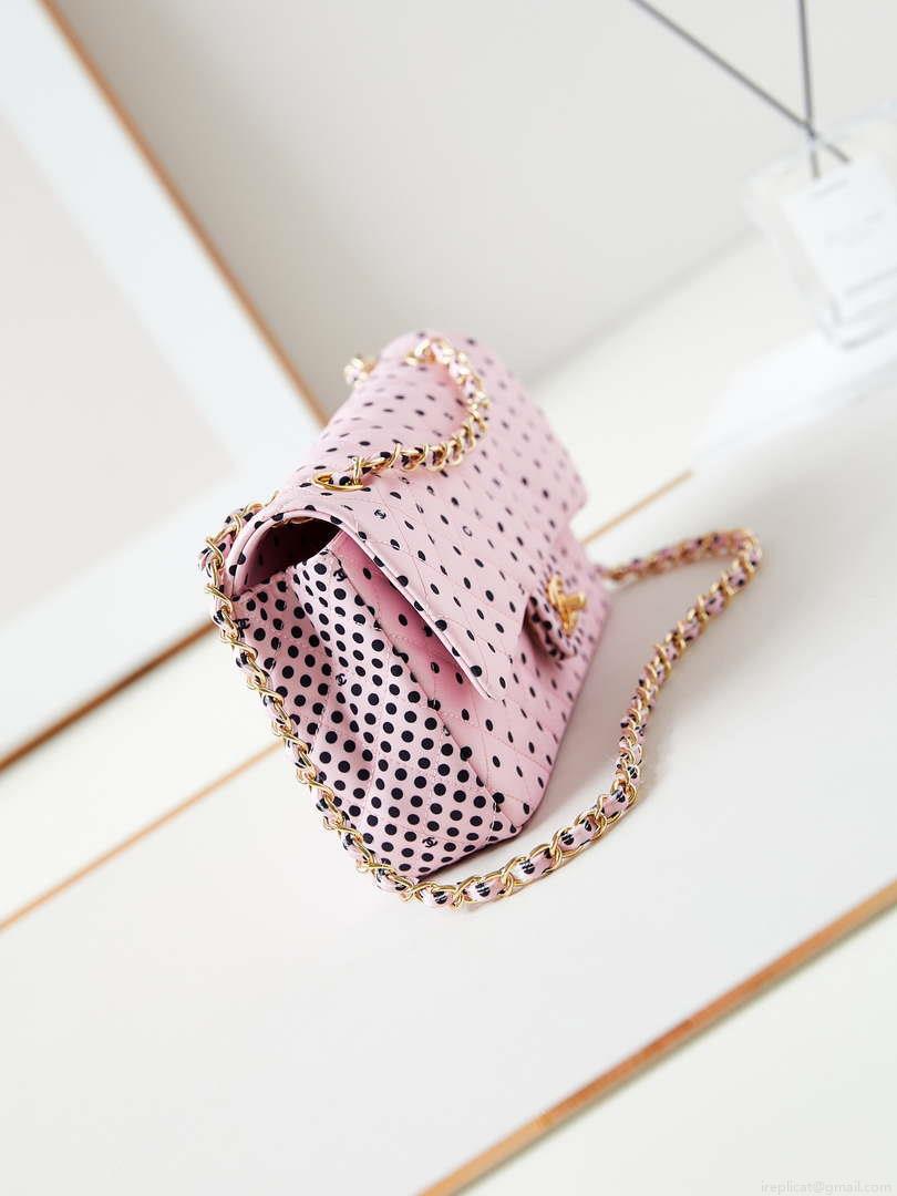Chanel A01112 Flap Pink Fabric Printed with white raindrops