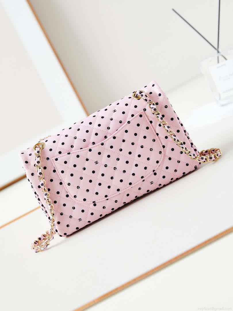 Chanel A01112 Flap Pink Fabric Printed with white raindrops