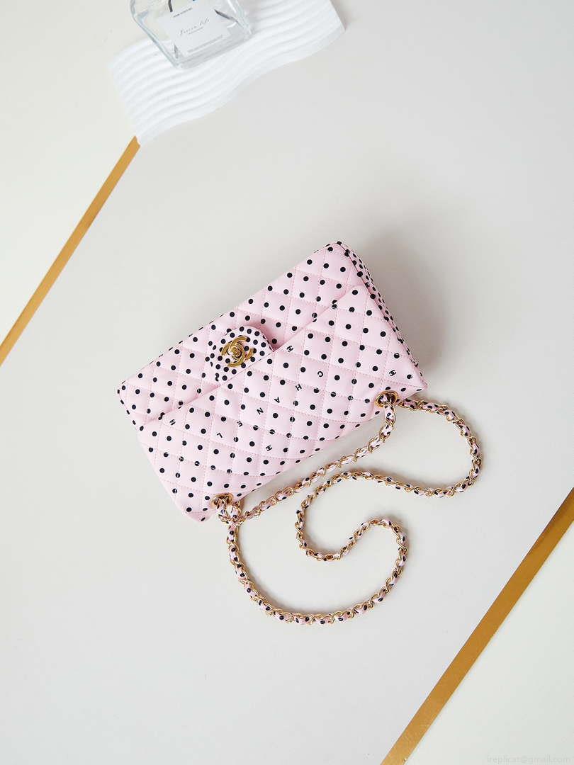 Chanel A01112 Flap Pink Fabric Printed with white raindrops