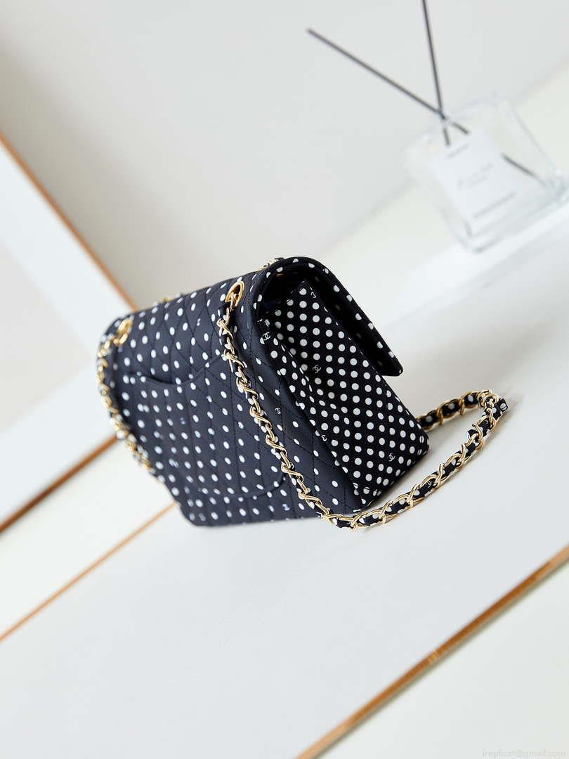 Chanel A01112 Flap Black Fabric Printed with white raindrops