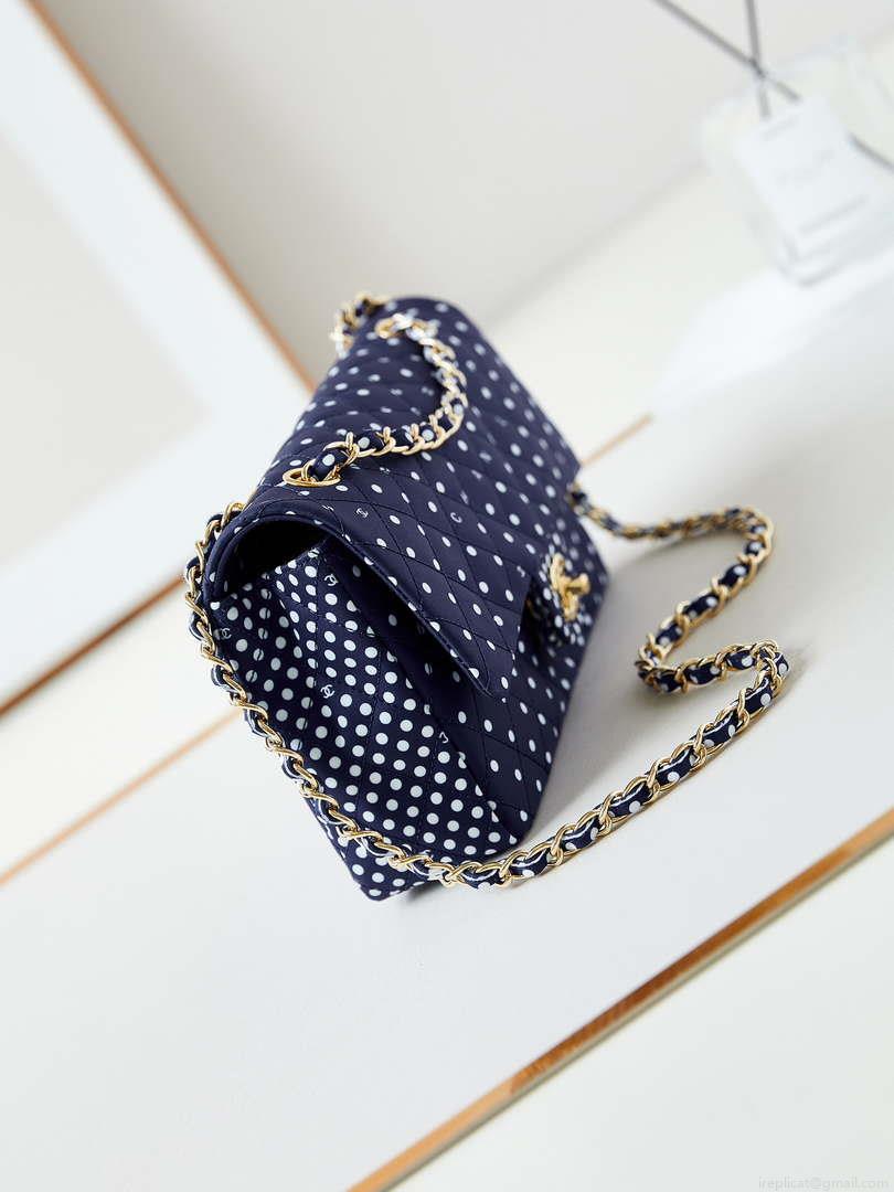 Chanel A01112 Flap Blue Fabric Printed with white raindrops