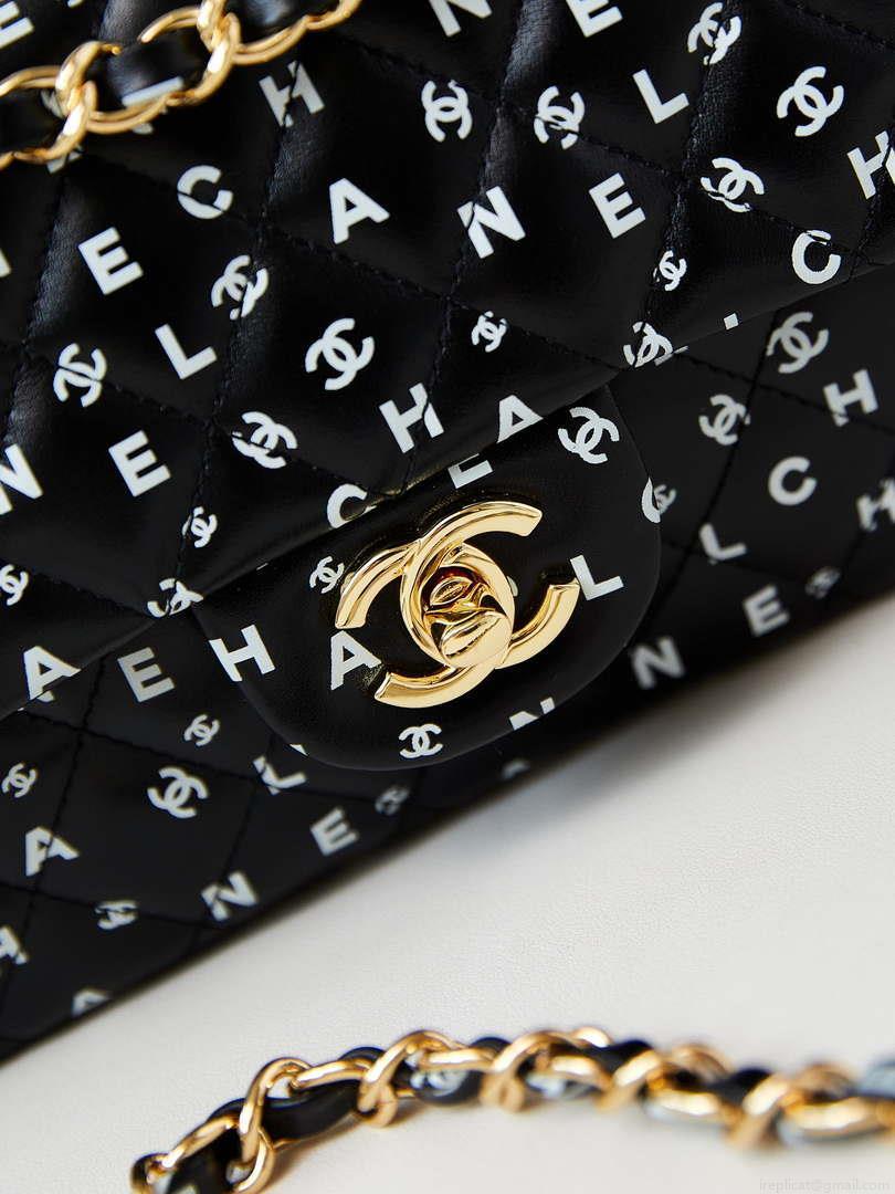 Chanel A01112 Flap Black Lambskin Printed with white CC logo