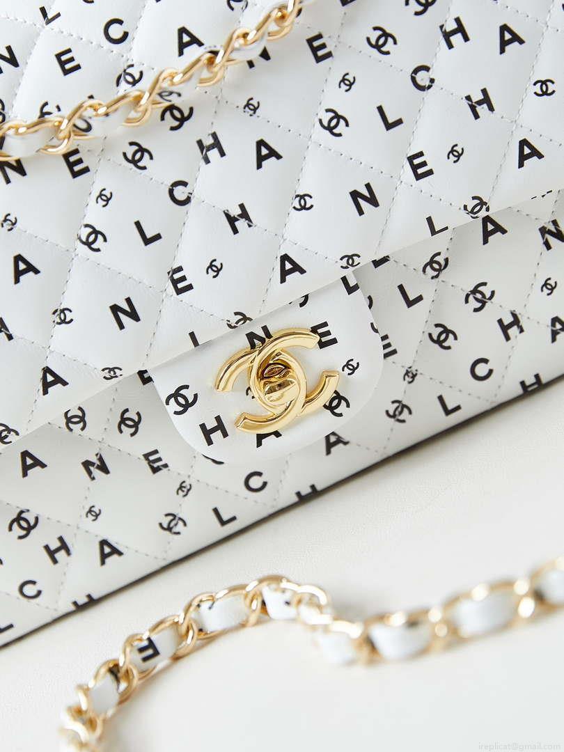 Chanel A01112 Flap White Lambskin Printed with Black CC logo