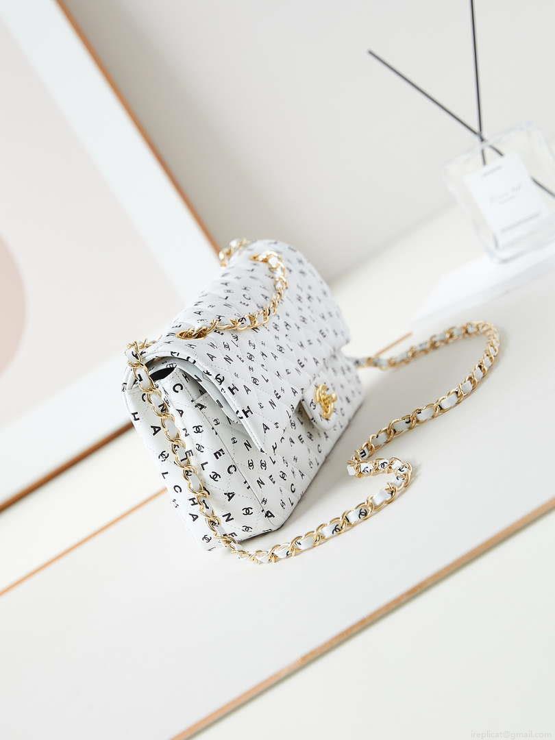 Chanel A01112 Flap White Lambskin Printed with Black CC logo