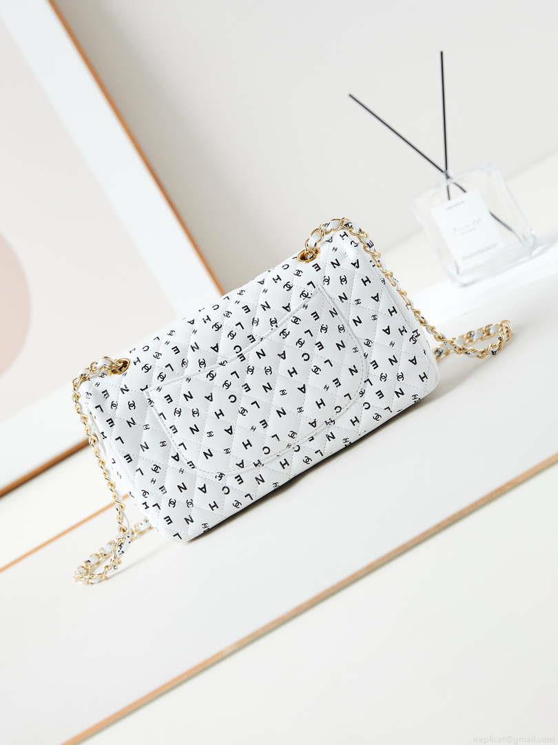 Chanel A01112 Flap White Lambskin Printed with Black CC logo