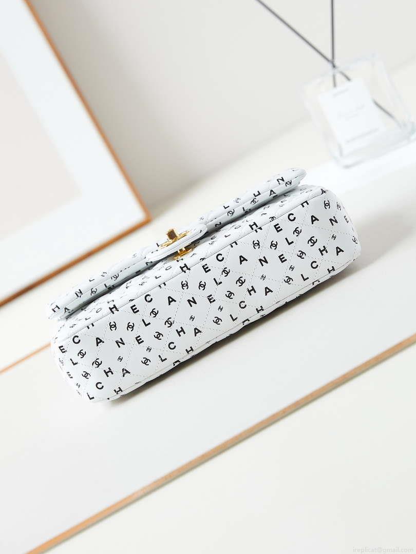 Chanel A01112 Flap White Lambskin Printed with Black CC logo