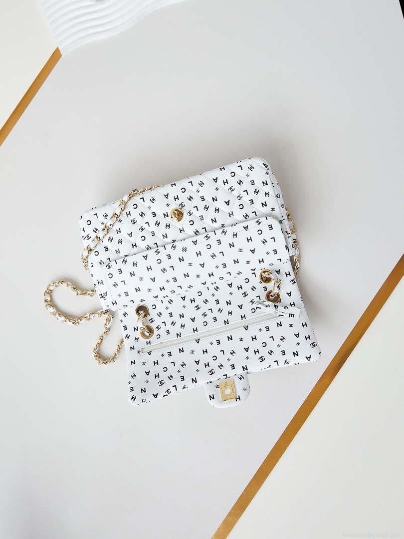 Chanel A01112 Flap White Lambskin Printed with Black CC logo