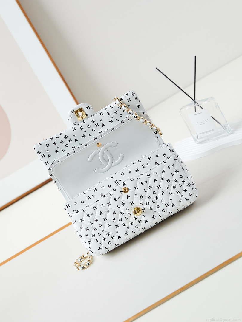 Chanel A01112 Flap White Lambskin Printed with Black CC logo