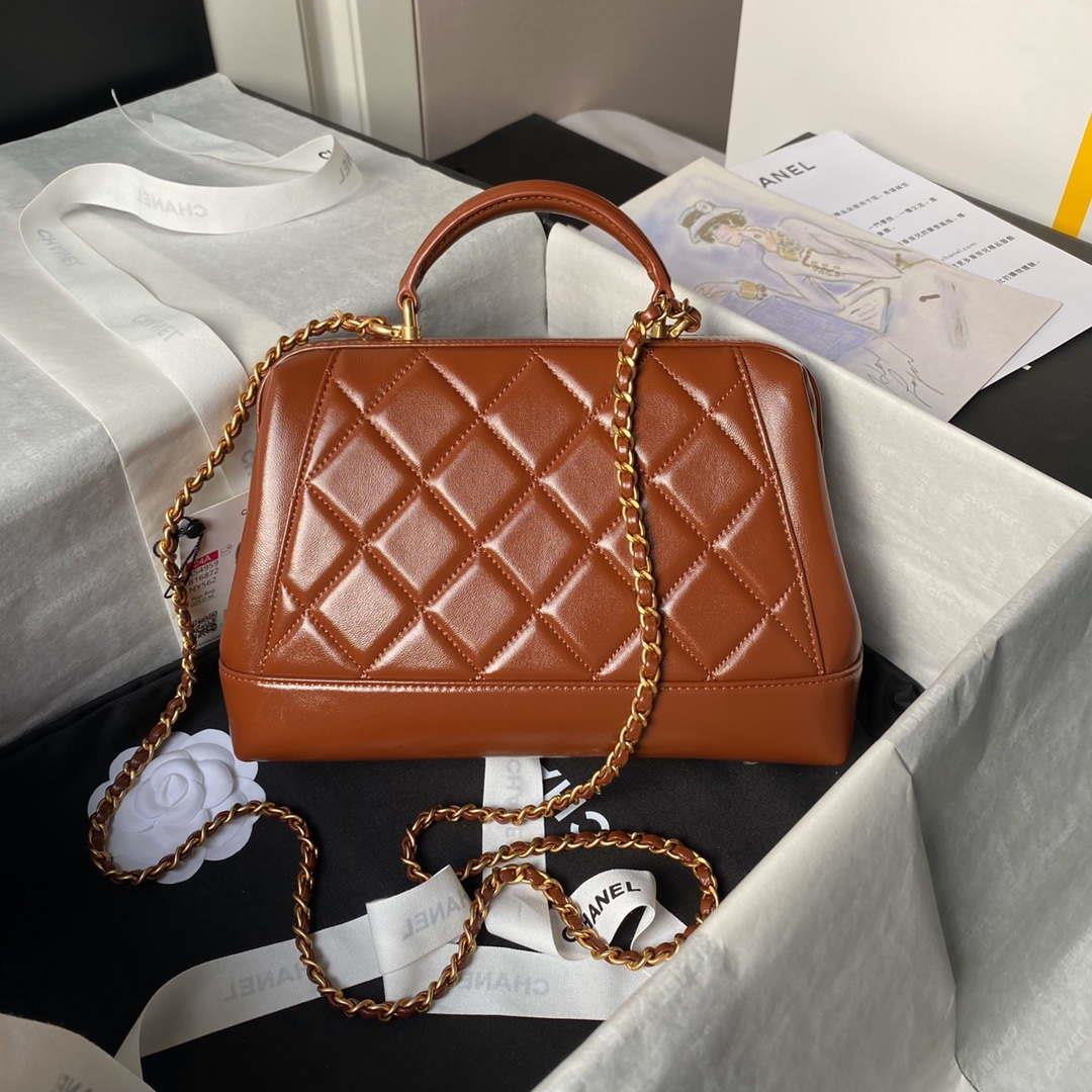 Chanel AS4959 Flap bag With top handle Shiny Lambskin & Gold-Tone Metal Brown