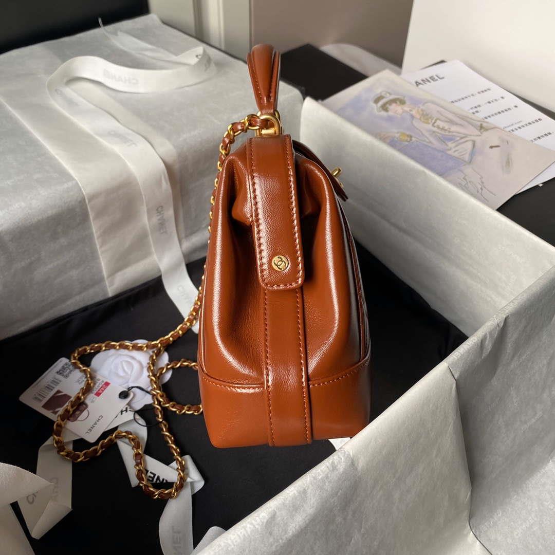 Chanel AS4959 Flap bag With top handle Shiny Lambskin & Gold-Tone Metal Brown