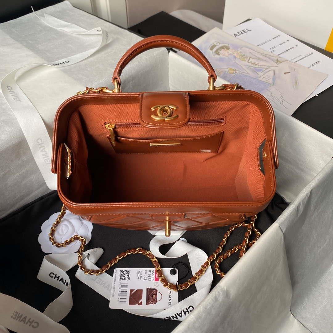Chanel AS4959 Flap bag With top handle Shiny Lambskin & Gold-Tone Metal Brown