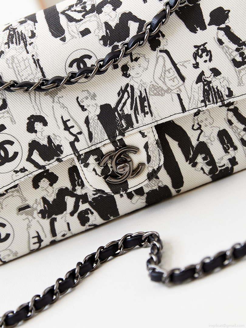 Chanel A01112 Flap White Fabric with Black Printed