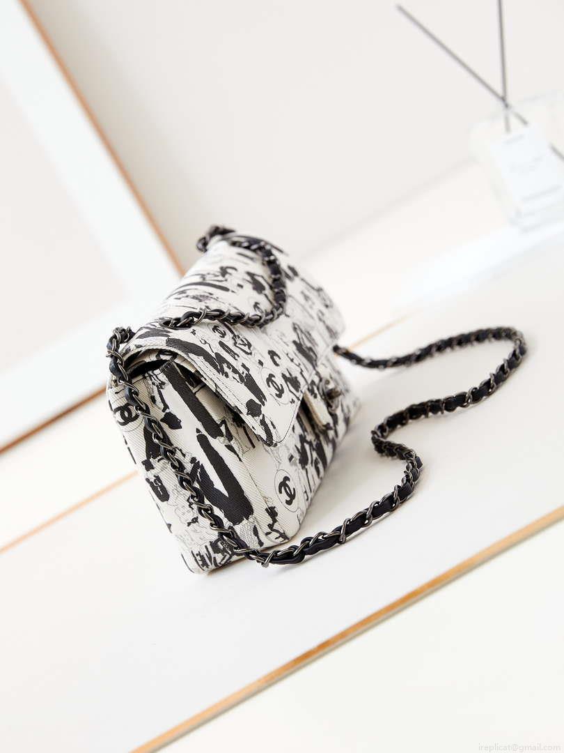 Chanel A01112 Flap White Fabric with Black Printed