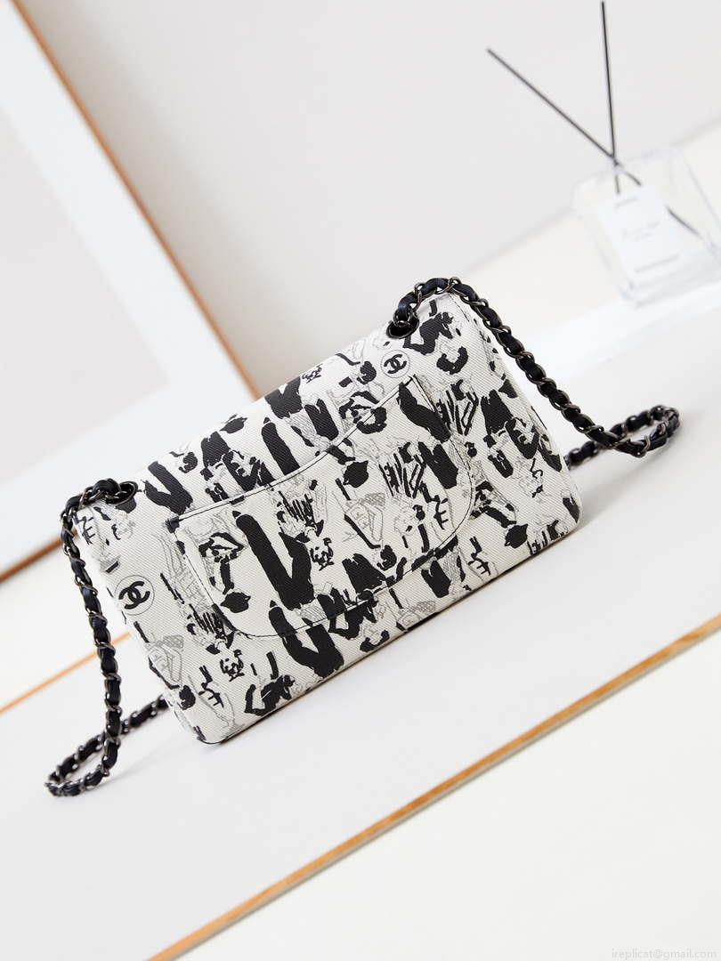 Chanel A01112 Flap White Fabric with Black Printed