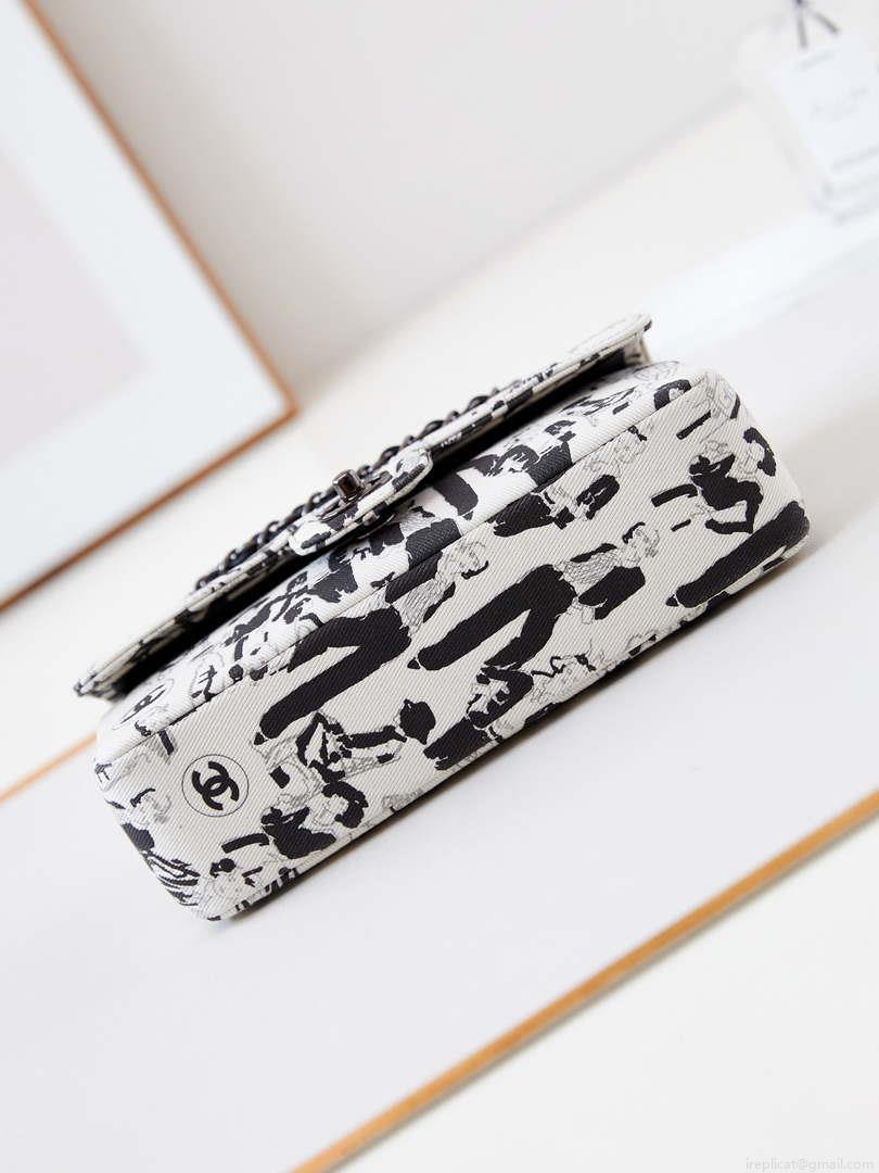Chanel A01112 Flap White Fabric with Black Printed