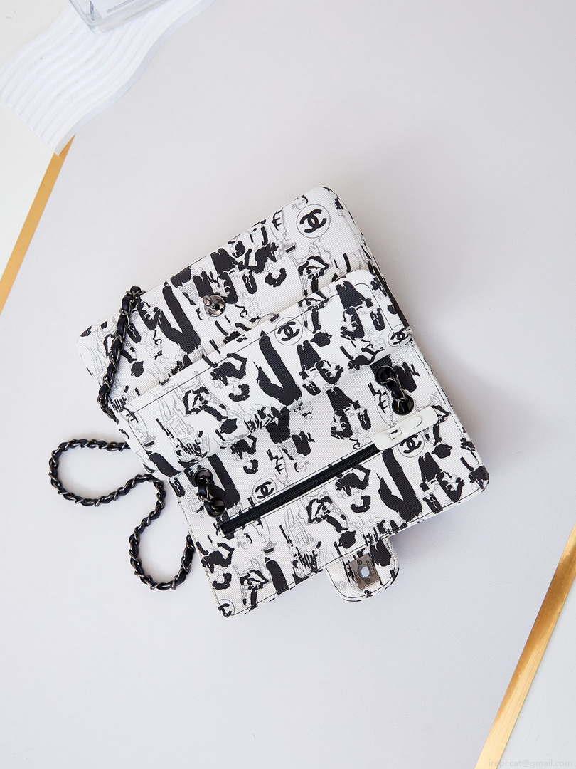 Chanel A01112 Flap White Fabric with Black Printed