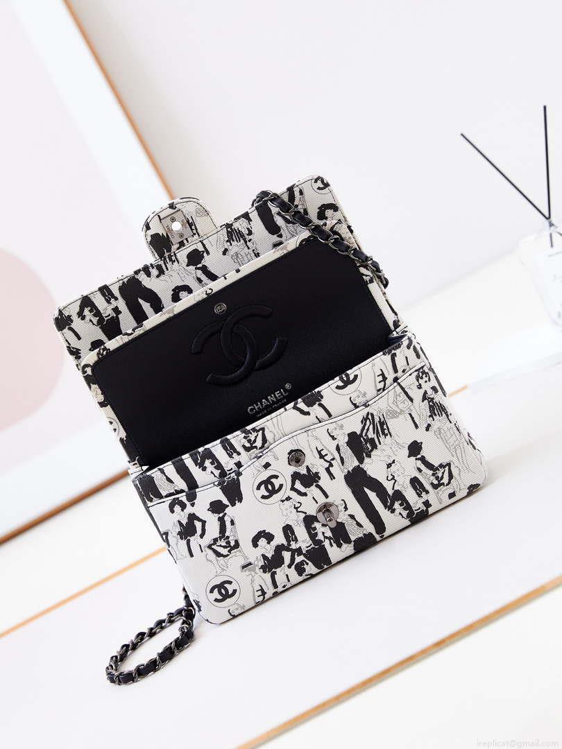 Chanel A01112 Flap White Fabric with Black Printed