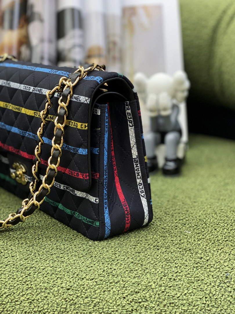 Chanel A01112 Classic Handbag Cotton Goldtone Multicolor and Black