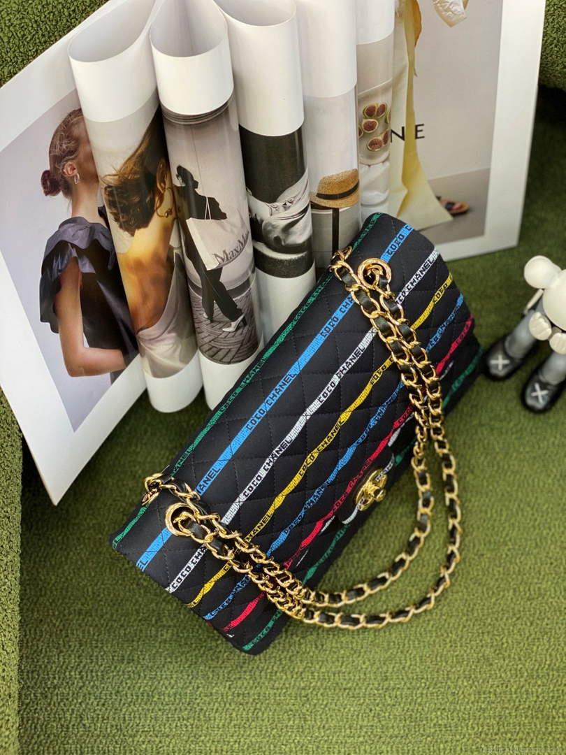 Chanel A01112 Classic Handbag Cotton Goldtone Multicolor and Black